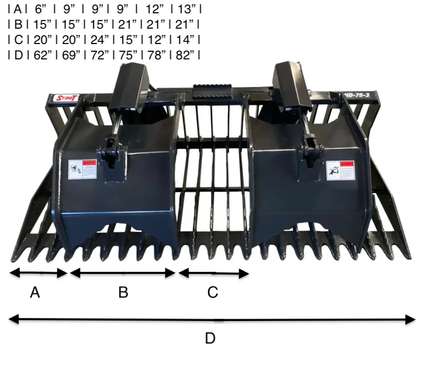 Stout Skid Steer Heavy Duty 3" Tine Spacing Rock Bucket Grapple with Skid Steer Quick Attach - Image 11